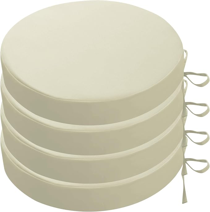 SK Studio Round Outdoor Chair Cushions for Patio Furniture, Set of 4 Waterproof Patio Chair Cushion with Adjustable Ties for Garden Sofa Couch, Beige, 17"x17"x3"
