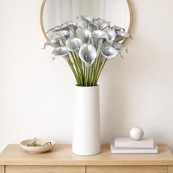 Floral Kingdom 20 Pack Artificial Calla Lily Flowers 14 Inch Silver Real Touch Faux Calla Lilies for Home Decor, Table Centerpieces, Living Room & Weddings