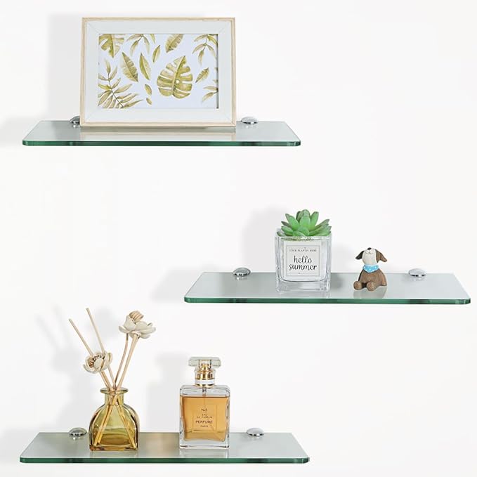 SAYAYO Glass Floating Shelves for Wall, Tempered Glass Shelves for Bathroom, Living Room, Bedroom, Office, Toilet, Kitchen Decor, 12Inch Set of 3, Clear