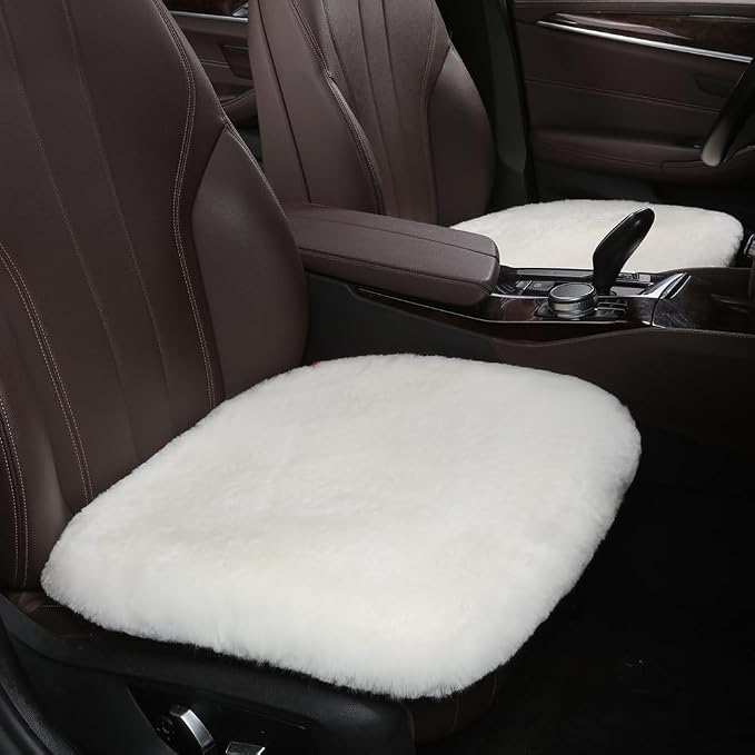 OGLAND 2 Pack Genuine Sheepskin Car Seat Covers for Women Auto Interior Accessories with Soft Fuzzy Wool Natural Fur Non-Slip (White, 2 Pieces Front)