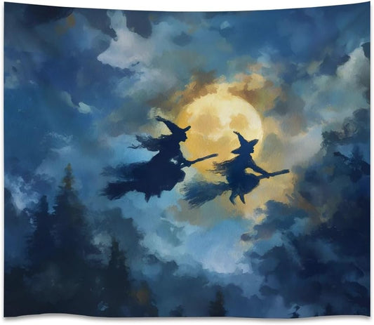Spooky Halloween Witch Tapestry Wall Hanging Dark Fantasy Night Sky Aesthetic Print Flying Witches Under Full Moon Tapestries Horror Ghost Halloween Party Decor for Living Room Bedroom 60x80inch