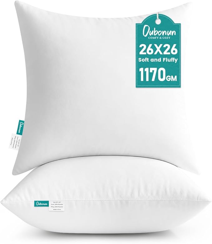 Oubonun 26 x 26 Throw Pillow Inserts - Soft, Plush & Decorative Down Alternative Pillows for Couch Sofa Bed, Machine Washable - White, Pack of 2