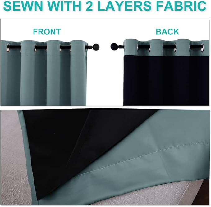 NICETOWN 100% Blackout Short Curtains with Black Liners, 2 Panels, 37" W by 40" L, Greyish Blue, Solid Thermal Insulated Full Blackout 2-Layer Lined Drapes, Energy Efficiency Window Drapes for Bedroom