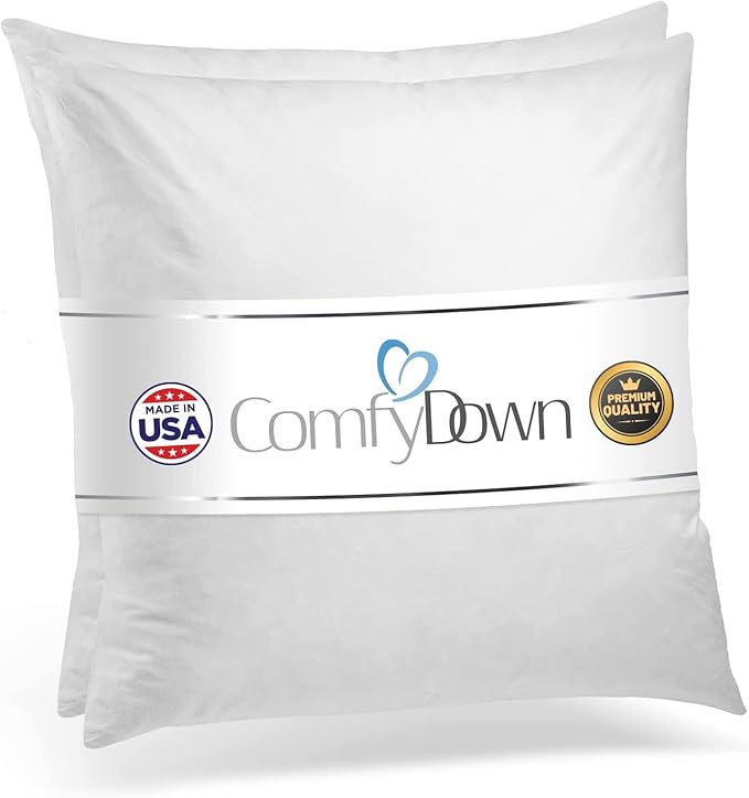 ComfyDown Set of Two 22X22 Decorative Throw Pillow Insert, Down and Feathers Fill, 100% Cotton Cover 233 Thread Count, Square Pillow Insert - Made in USA