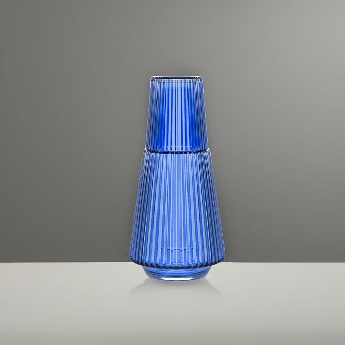American Atelier 37 oz Vintage Bedside Water Carafe with Tumbler Lid – 9.25" Ribbed Glass Pitcher for Nightstand, Guest Room, Office, Functional & Stylish Drinkware for Daily Use (Blue)
