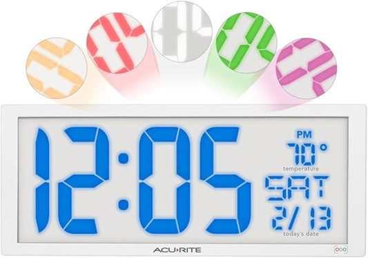 AcuRite 14.5" Oversized, Multicolor LED Clock with Indoor Temperature, Day of the Week, and Date (75160M), Multicolor