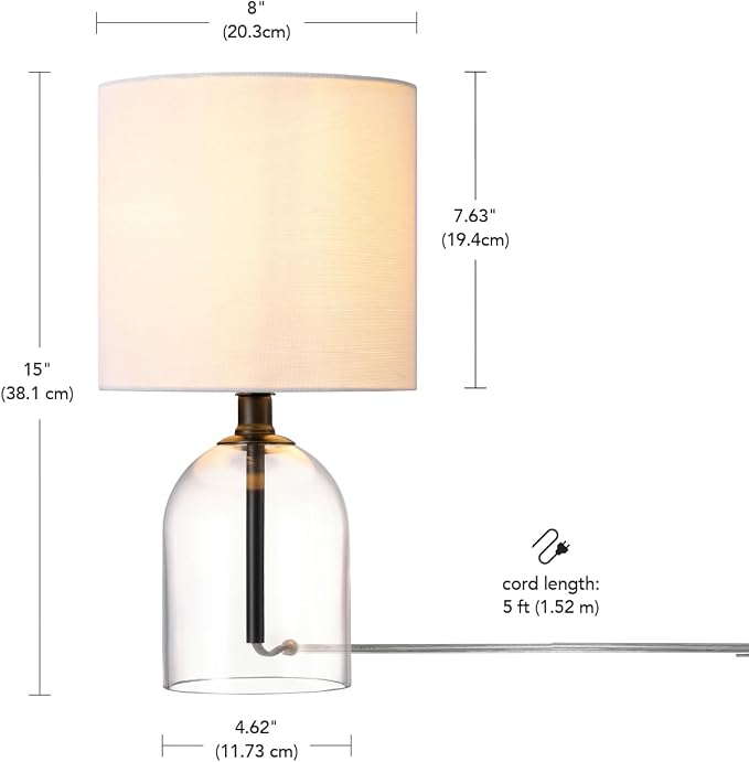 Globe Electric 15-Inch Table Lamp, Glass Base, Matte Black, White Linen Shade, Rotary Switch on Socket, 61000141