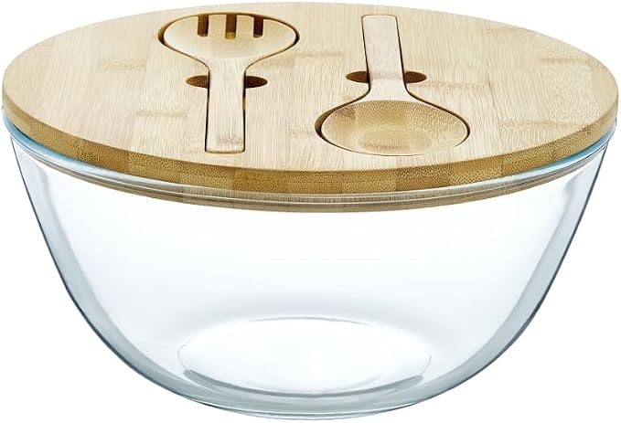 JOYMAY Glass Salad Bowl, 10.7inch Salad Bowl with Lid Thick Glass Mixing Bowls Serving Bowls, 4.7 Quart Large Salad Bowls with Bamboo Utensils, Trifle Bowl Fruit Bowl for Salad, Pasta, Microwave Safe