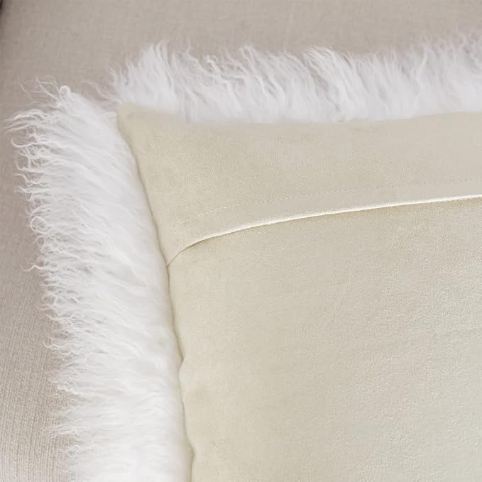 Mongolian Lamb Fur Throw Pillow Cover (16'' x 16'', White), Real Sheep Fur Decorative Cushion Cover Case Home Decorative Square Throw Pillow Cover Plain Wool Pillow Protector