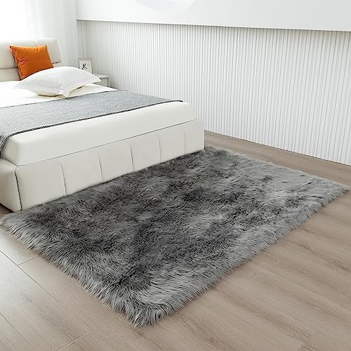 Faux Fur Rug Grey Sheepskin Area Rug,Ultra Soft 4x6 ft Rectangular Shaggy Plush Rug for Bedroom Sofa Floor Bedside Living Room Kids Room