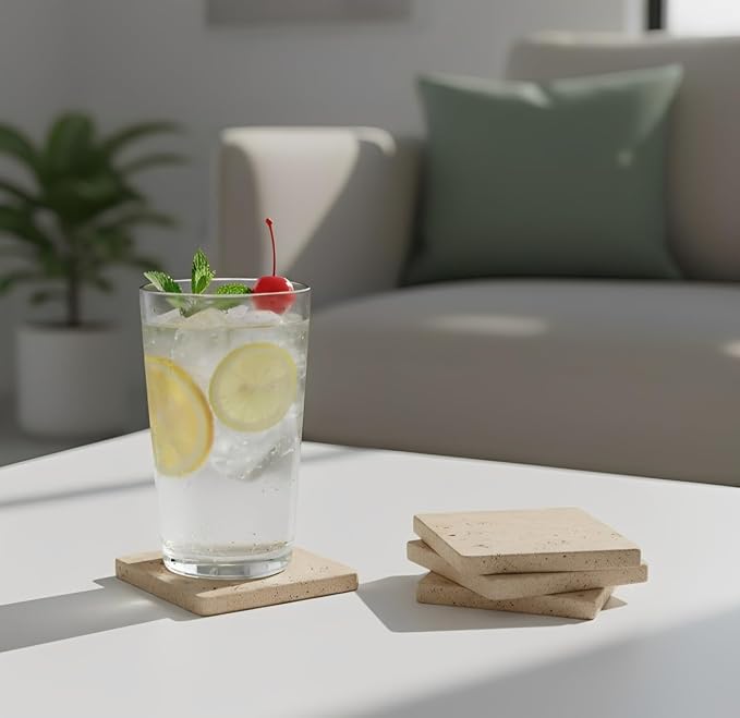 Marble Coasters Set of 6 Square 3.5 Inch Travertine Coaster for Drinks, Ideal Stone Drink Coasters for Gifts, Dining Table & Home Décor (Travertine Coasters Only)