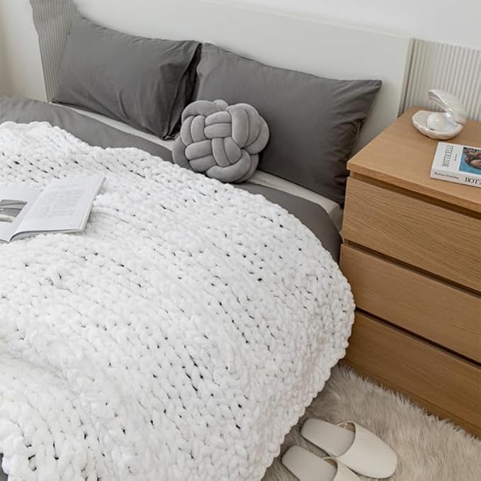 Soft Chunky Knit Throw Blanket for Couch, Cozy Warm Knitted Blankets | Hand Knit with Jumbo Chenille, Lightweight Warm Fluffy Decor for Women, Mom, Her & Girls, Sofa, Chair, Bed, 48"×71" (White)