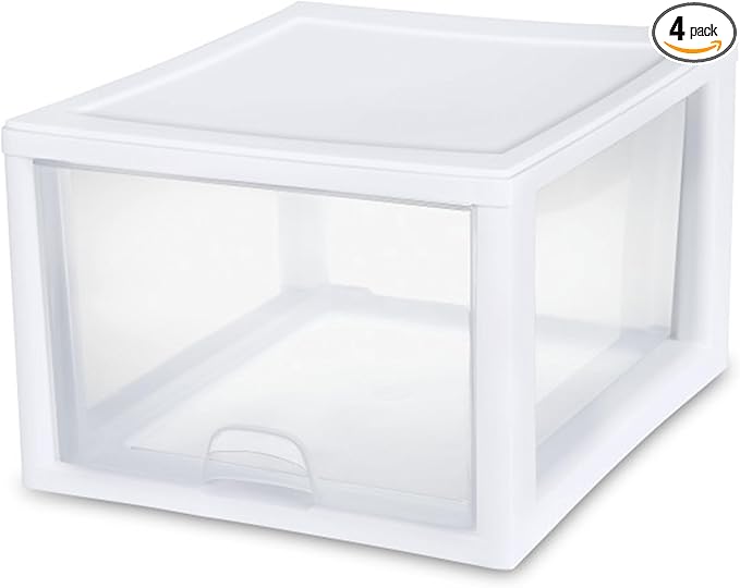 Sterilite 4-Pack Stacking Drawer, Clear Storage Organizer Containers, 27 Quart, White Frame - Stackable and Modular Plastic Drawers for Shoes, Clothes, Accessories, Supplies, Bedding, and Linens