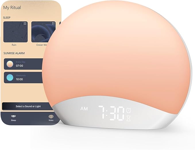 REACHER R7APP Smart Sunrise Alarm Clock with App Control, Custom Wake & Sleep Routines - Multi Sunrise Color, White Noise Sound Machine, Dimmable Display | Night Light, Screen-Free Sleep