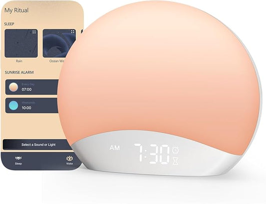 REACHER R7APP Smart Sunrise Alarm Clock with App Control, Custom Wake & Sleep Routines - Multi Sunrise Color, White Noise Sound Machine, Dimmable Display | Night Light, Screen-Free Sleep