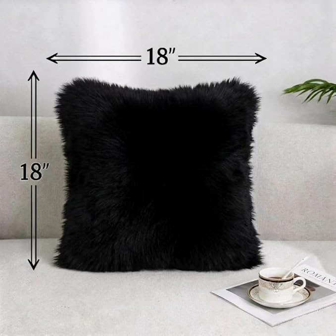 Luxury Soft Fur Sheepskin Fleece Cushion Cover Pillowcase Decorative Throw Pillows Covers, No Pillow Insert, 1pc (Inky Black, 18"×18")