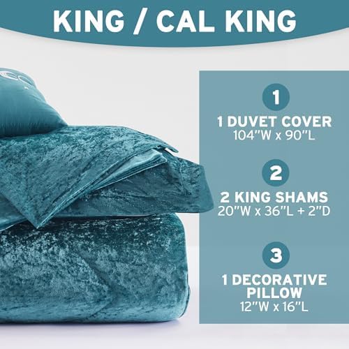 Intelligent Design King Duvet Cover Set, Velvet King Duvet Set, Luxury Diamond Quilting Teal Duvet Cover, Fluffy Duvet Cover with Decorative Pillow and 2 Shams, 4 Pieces, Teal, King/Cal King
