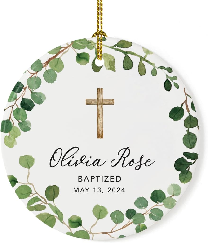 Andaz Press Personalized Baptism Ornament 2025, Round Ceramic Porcelain Baptism Christmas Ornament, Olivia Rose Carter Baptized May 1, 2025, Farmhouse Eucalyptus Wreath, 1-Pack Custom