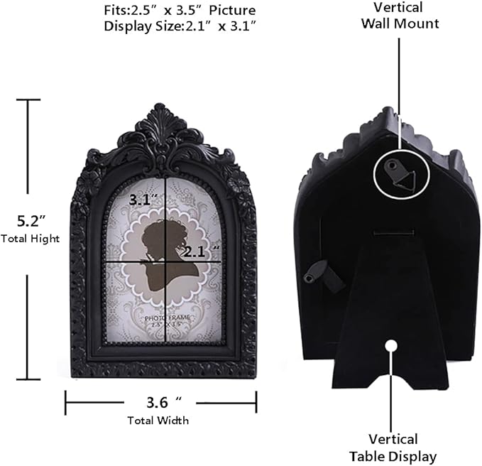SIKOO Vintage Mini Picture Frame 2.5 × 3.5 Ornate Black Small Picture Frame Tabletop Wall Mount Small Victorian Gothic Decor