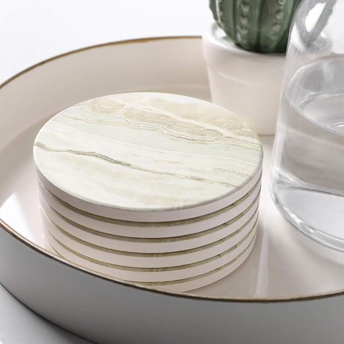 LIFVER Drink Coasters 6 Pieces Ceramic, Absorbent Coasters for Drinks,Stone Style Coaster Set with Cork Base for Wooden Table,Housewarming Gift for Friend