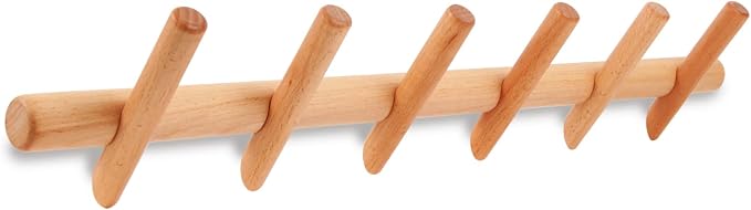 KYSMOTIC Modern Wood Coat and Hat Rack - Wall Mounted - 6 Peg Hooks - Stylish, Natural, Smooth