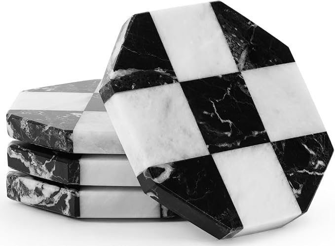 Marble Coasters Set of 4, Zebra Black & White Handmade 4 inch Star Checkered Stone Coaster, Drink Coasters for Living Room, Trendy Office Desk Accessories & Home Décor