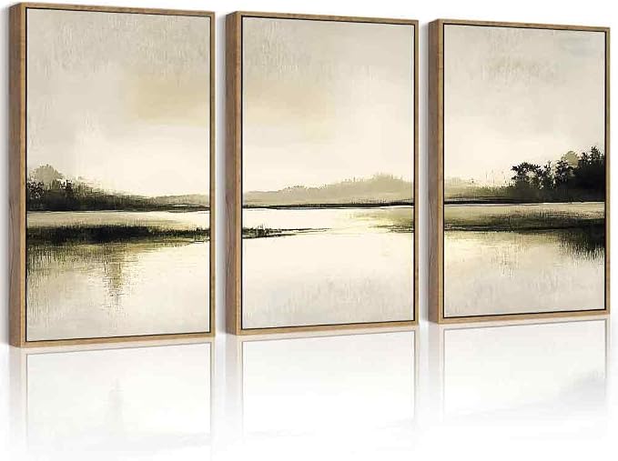 PHOPAGO Abstract Lake Landscape Framed Wall Art Large 16x24in Watercolor Nature Wilderness Paints Nordic Neutral Tan Illustration Decorative - Natural Framed