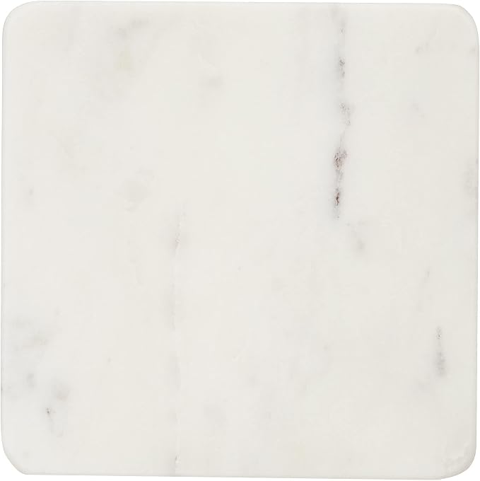 Queenza White Marble Coaster Set with Holder, 4 Inch Square Modern Coasters for Coffee Table - Coasters with Padded Bottom