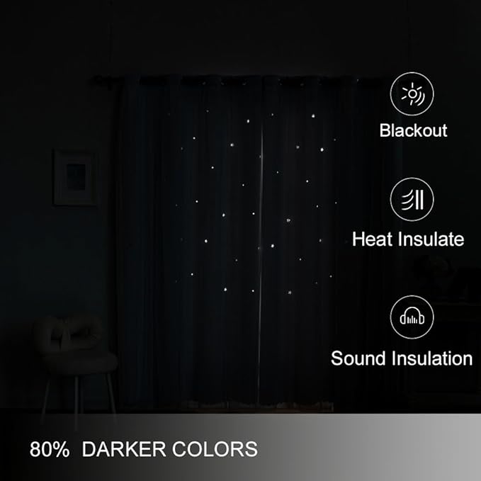 FANLI Ombre Rainbow Blackout Curtains for Kid Girls Bedroom Living Room Darking Stripe Double Layer Star Cut Out Wall Home Decor Gradient Grommet Window Curtains (Greywish White 72)