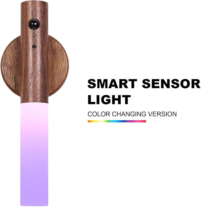 LANDGOO Wooden Motion Sensor RGB Night Lights Indoor, Magnet Body Hallway Rechargeable LED Wireless Battery Operated Wall Sconce (1, RGB Walnut Wood)