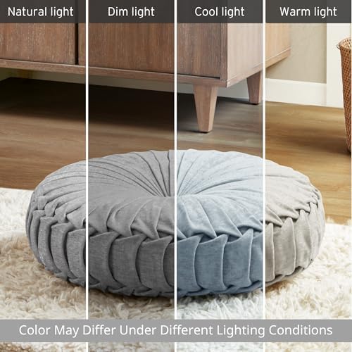 Intelligent Design Loretta Round Chenille Tufted Floor Pillow with Elegant Pleated Design, Large Boho & Vintage Decorative Throw Pillow for Sofa, Bed, or Chair, 22" x 6", Grey