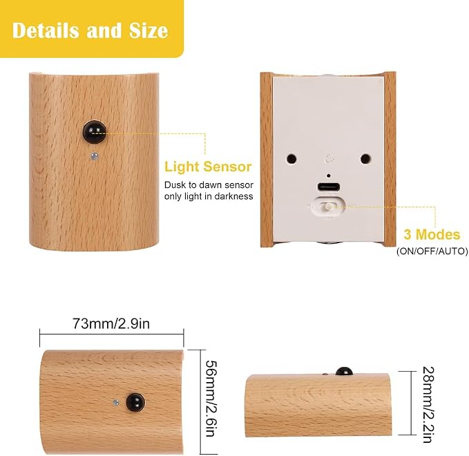 LANDGOO 2-Pack Wood Step Light with Motion Sensor, Rechargeable Stair Night Light Set, Beech Wood 2700K Warm White LED Wall Lamps, Easy No-Wire Installation for Hallway Bedroom Staircase