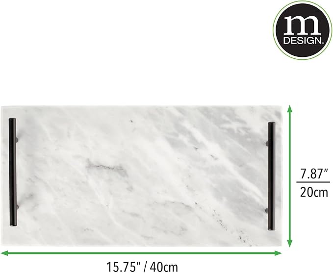 mDesign Thin Marble Pastry Board, Cutting Slab Kitchen Serving Tray with Deco Handles for Baking, Chopping, and Rolling - Serve Bread, Candy, Chocolate, Cheese, and Appetizers - Marble/Black