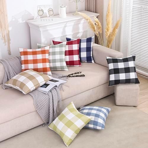 CARRIE HOME Farmhouse Sage Green Plaid Pillow Covers 18x18 Set of 2 Neutral Throw Pillows Light Green Outdoor Indoor Checkered Decorative Pillow Covers 18 x 18 for Couch Porch and Patio, Grey Green