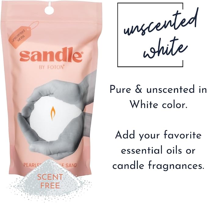 Sandle by Foton Pearled Candle Sand 10 Oz – White Unscented Safe Non Toxic Long Lasting Pearled Candle Wax up to 60 Hours - Refillable Unique Sand Candle Wax with 15 Candle Wicks for Candle Making