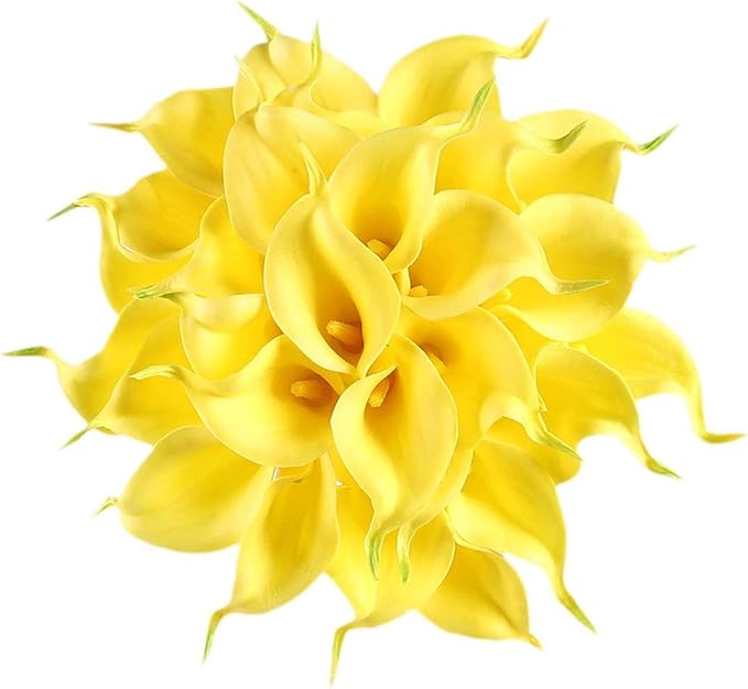 Floral Kingdom 20 Pack Artificial Calla Lily Flowers 14 Inch Yellow - Real Touch Latex Flowers for Home Decor, Kitchen Counters, Breakfast Nooks & Weddings