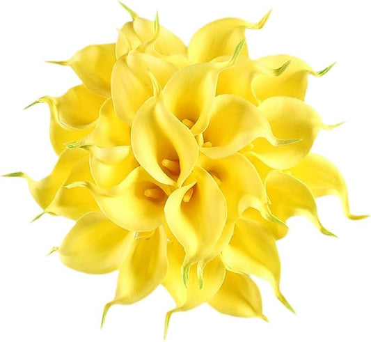 Floral Kingdom 20 Pack Artificial Calla Lily Flowers 14 Inch Yellow - Real Touch Latex Flowers for Home Decor, Kitchen Counters, Breakfast Nooks & Weddings