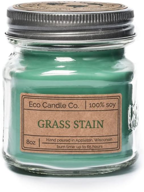 ECO CANDLE CO. Recycled Candle, Grass Stain, 8 oz. - Scents of Fresh Cut Grass - 100% Soy Wax, No Lead, Kraft Paper Label & Lid, Hand Poured, Phthalate Free, Midwest Grown Soybeans
