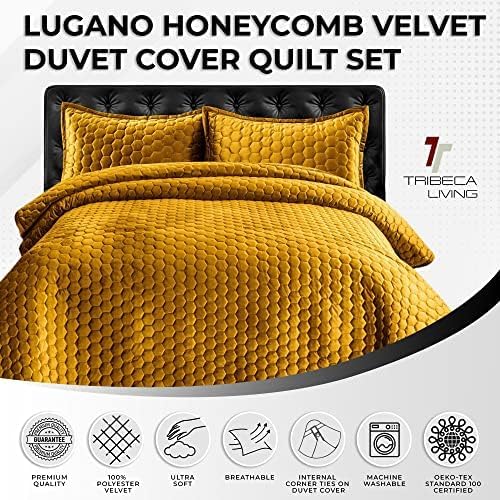 Tribeca Living Lugano Oversized Velvet Quilt Set - All Season, Extra Large, 3 Piece King Size Comforter Set with 2 Pillow Shams in Gold Honeycomb Pattern 260GSM