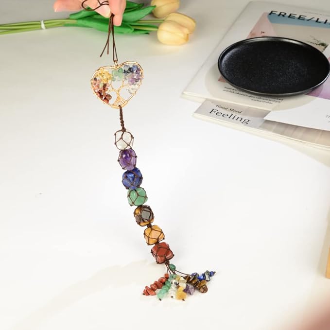 Anjiucc Handmade Crystal Chakra Swing Pendant Mirror Hanging car Accessories Tree of Life Stone Tree feng Shui Home Decoration Window