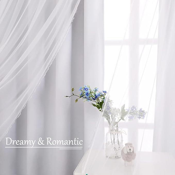 Greyish White Curtains Double Layered Solid Blackout and Sheer Window Treatment Panels Pair with Grommet Top for Living Room Patio Door, 52 x 108 inches, Greyish White, 2 PCs