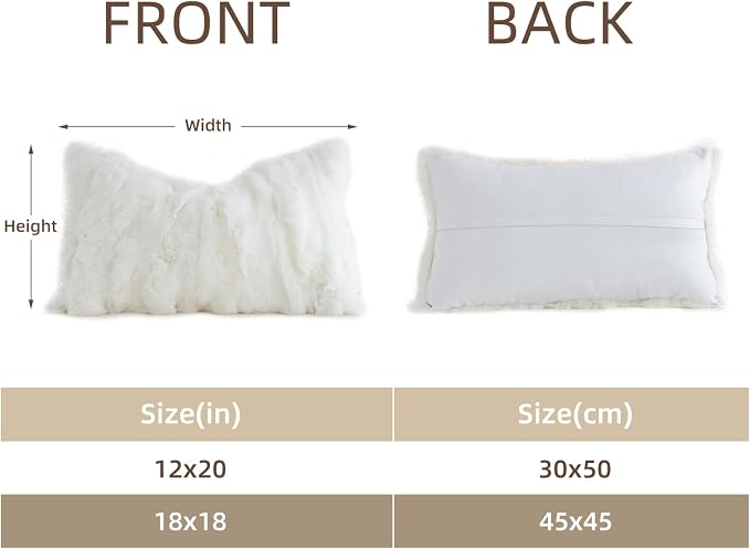 Genuine Rabbit Fur Throw Pillow Covers Set of 2,Luxury Decorative Pillowcases Soft Fluffy Animal Skin Accents Bolster Cushion Cover for Couch Sofa Bedroom Living Room Home,12x20inch,White