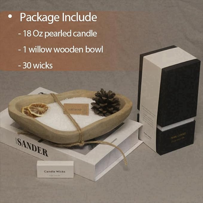GrusoSP Reusable Wooden Dough Bowl Candle with 18 Oz Pearled Candle Sand and 30 Wicks Unscented Palm Sand Wax Refillable Powder Candles DIY Wax Making Kit (White)