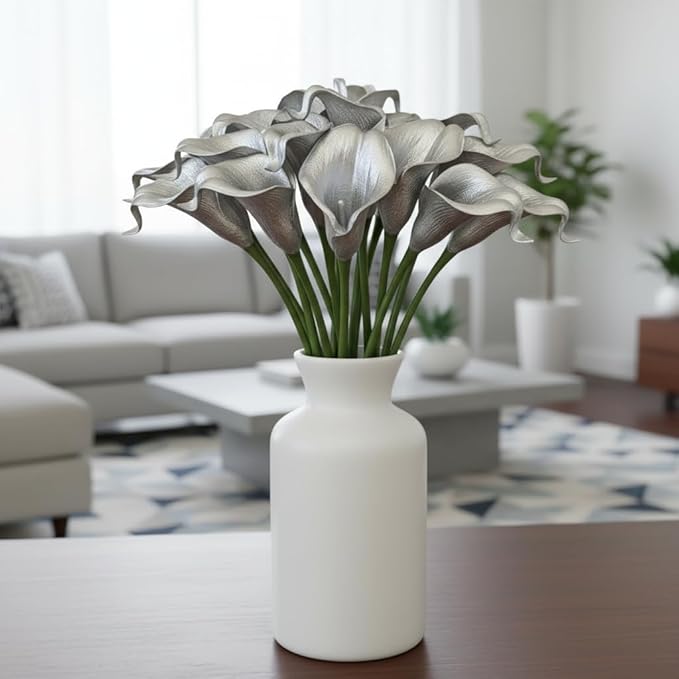 Floral Kingdom 20 Pack Artificial Calla Lily Flowers 14 Inch Silver Real Touch Faux Calla Lilies for Home Decor, Table Centerpieces, Living Room & Weddings
