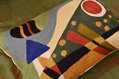 Lumbar Cushion Cover Hand Embroidered Wool 13x21 (Green Composition Lumbar Pillow Cover)