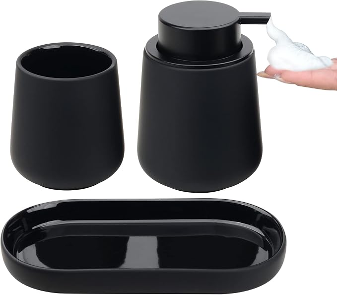 BosilunLife Ceramic Bathroom Accessories Set 3 Pcs, Foaming Soap Dispenser and Toothbrush Holder with Tray, Modern Farmhouse Vanity Decor, Black Housewarming Gift