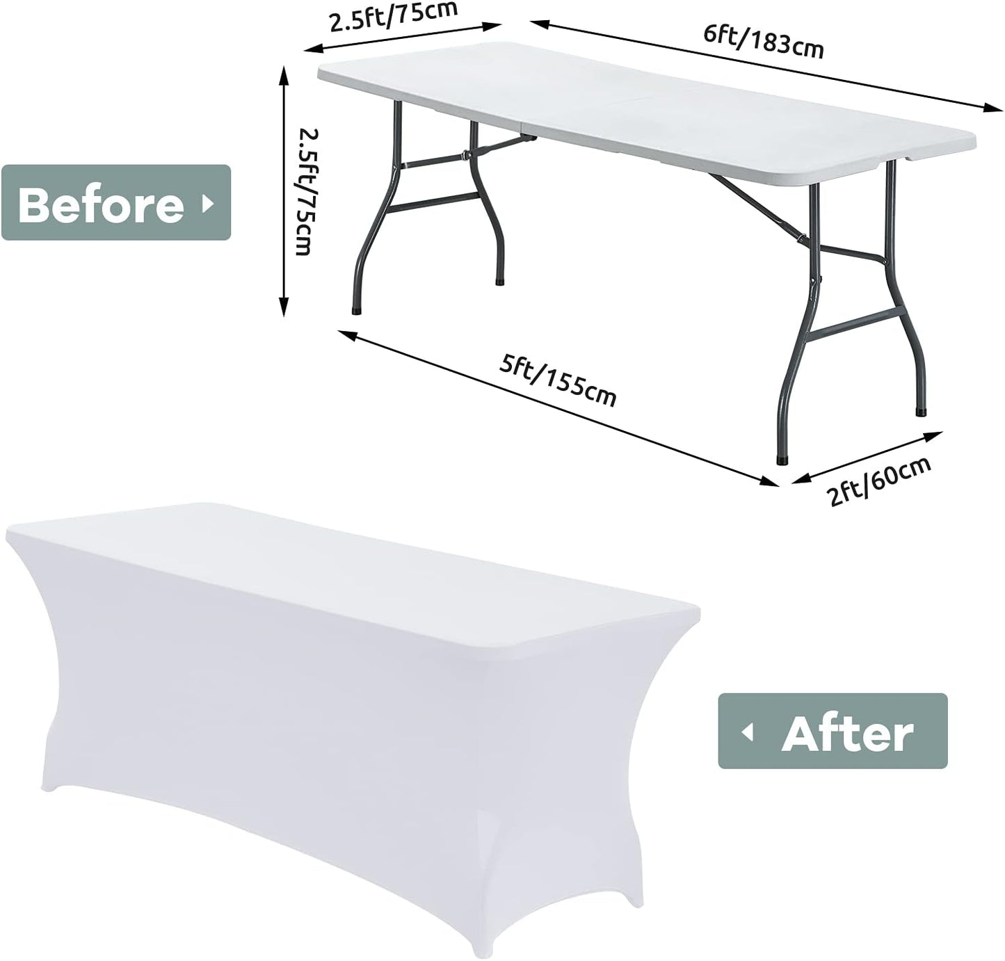 CWK 6FT Waterproof Stretch Spandex Table Cover for Rectangular Tables - Elastic Fitted Tablecloth for Folding Tables,Wrinkle Resistant Table Cloth for Parties, Weddings, Banquets & Events (White)