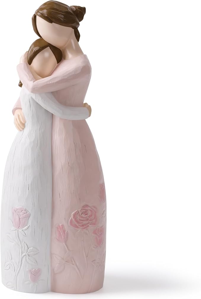 Mother Daughter Hug Figurine – Handcrafted Resin Collectible Figurines Home Decor, Sentimental Gift for Mom Birthday, Mother’s Day, Thanksgiving, Christmas, Pink
