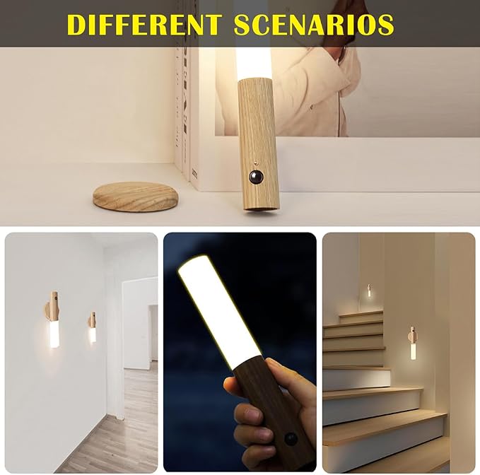 LANDGOO Wooden Motion Sensor RGB Night Lights Indoor, Magnet Body Hallway Rechargeable LED Wireless Battery Operated Wall Sconce (Walnut Wood 2P)