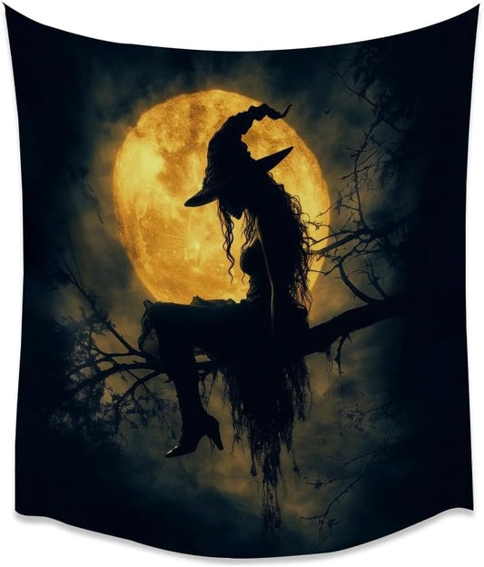 Halloween Witch Tapestry Wall Art Witchcore Moon Aesthetic Print Dark Academia Gothic Tapestries Wall Hanging Horror Ghost Halloween Party Decor for Home Living Room Bedroom 50x60inch